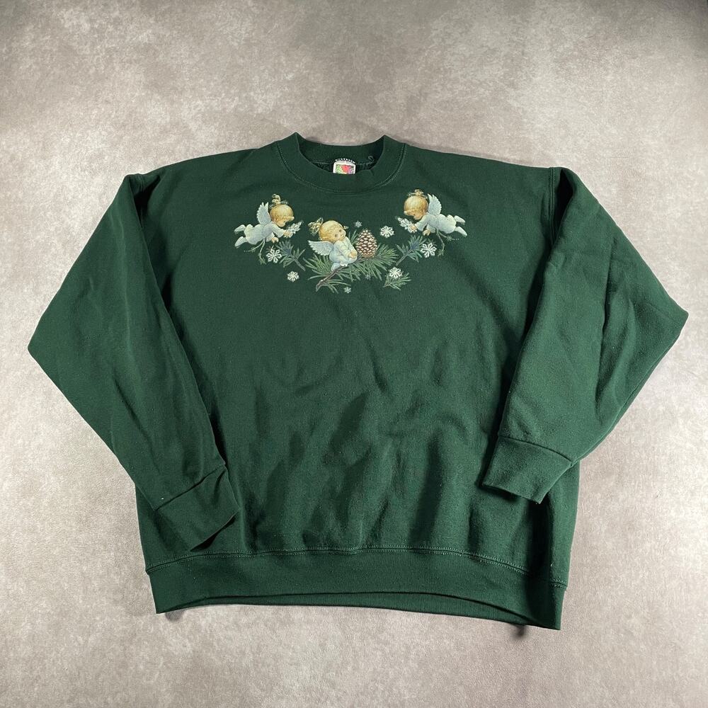90's Christmas Angel Crewneck Sweatshirt Forest Green Size XL Folklore Cottage
